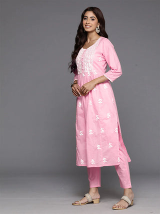 Pink Cotton Thread Embroidered Straight Shape Kurta Trouser Set with Silk Chiffon Dupatta