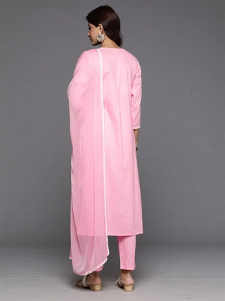 Pink Cotton Thread Embroidered Straight Shape Kurta Trouser Set with Silk Chiffon Dupatta