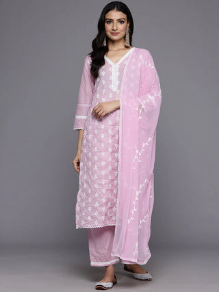 Pink Cotton Floral Embroidered Suit Set with Silk Chiffon Dupatta