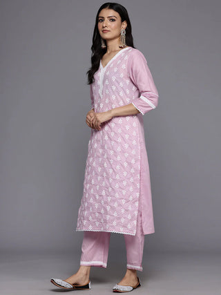 Pink Cotton Floral Embroidered Suit Set with Silk Chiffon Dupatta