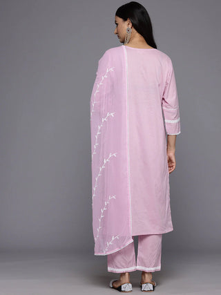 Pink Cotton Floral Embroidered Suit Set with Silk Chiffon Dupatta