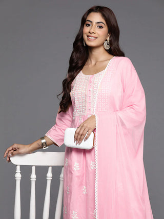 Pink Cotton Thread Embroidered Straight Shape Kurta Trouser Set with Silk Chiffon Dupatta