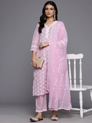 Pink Cotton Floral Embroidered Suit Set with Silk Chiffon Dupatta