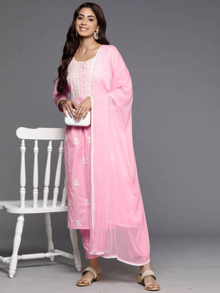 Pink Cotton Thread Embroidered Straight Shape Kurta Trouser Set with Silk Chiffon Dupatta