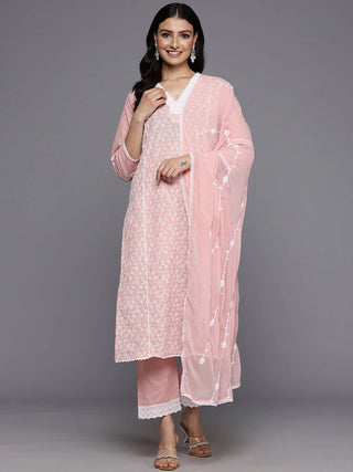 Pink Cotton Floral Embroidered Suit Set with Dupatta