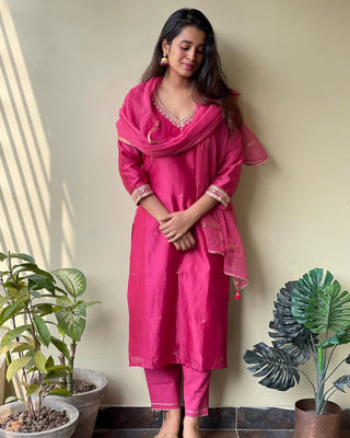 Pink Viscose Embroidered Suit Set with Dupatta