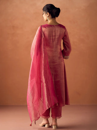 Rose Pink Tissue Blend Embroidered Suit Set with Organza Dupatta