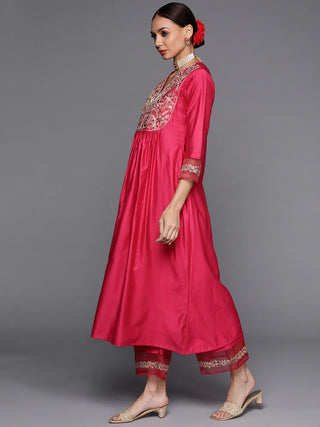 Pink Silk Blend Embroidered A Line Suit Set with Dupatta