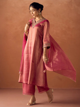 Rose Pink Tissue Blend Embroidered Suit Set with Organza Dupatta