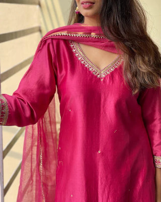 Pink Viscose Embroidered Suit Set with Dupatta