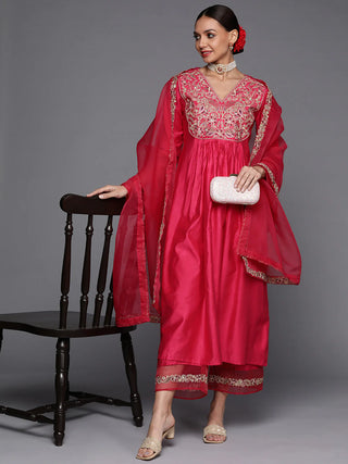 Pink Silk Blend Embroidered A Line Suit Set with Dupatta