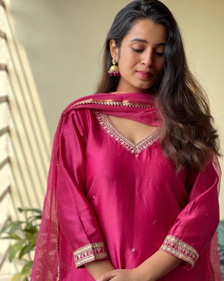 Pink Viscose Embroidered Suit Set with Dupatta