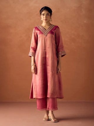 Rose Pink Tissue Blend Embroidered Suit Set with Organza Dupatta