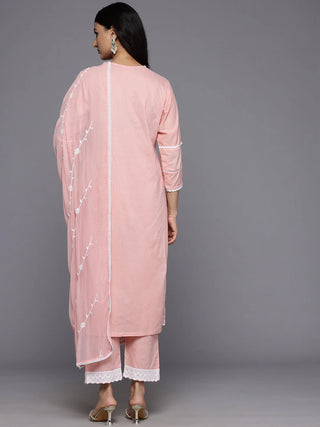 Pink Cotton Floral Embroidered Suit Set with Dupatta