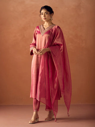 Rose Pink Tissue Blend Embroidered Suit Set with Organza Dupatta