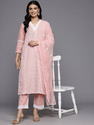 Pink Cotton Floral Embroidered Suit Set with Dupatta