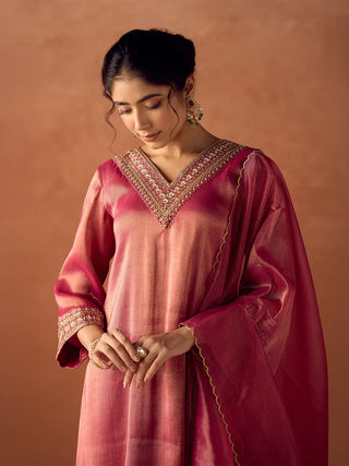 Rose Pink Tissue Blend Embroidered Suit Set with Organza Dupatta