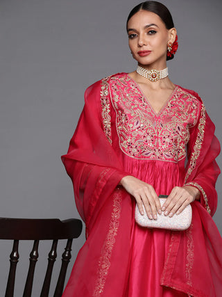 Pink Silk Blend Embroidered A Line Suit Set with Dupatta