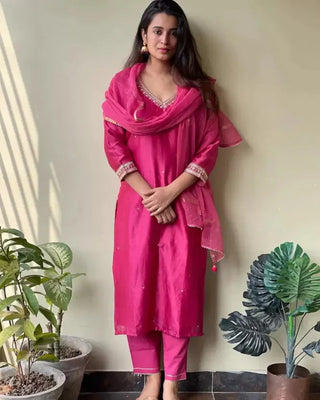 Pink Viscose Embroidered Suit Set with Dupatta