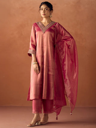 Rose Pink Tissue Blend Embroidered Suit Set with Organza Dupatta