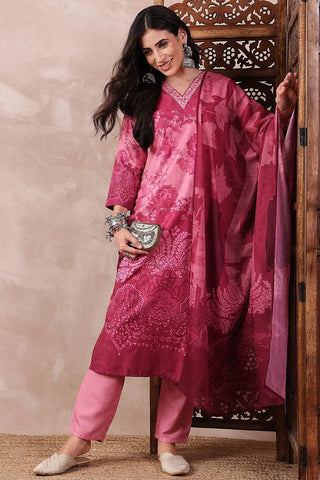 Pink Rayon Blend Ethnic Motif Printed Straight Shape Suit Set with Dupatta