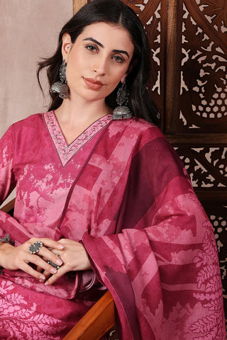 Pink Rayon Blend Ethnic Motif Printed Straight Shape Suit Set with Dupatta