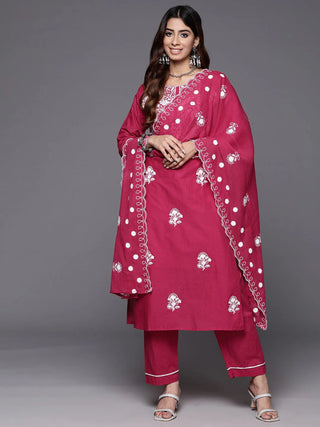 Magenta Cotton Floral Embroidered Suit Set with Dupatta