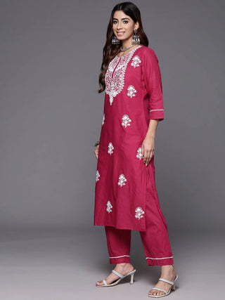 Magenta Cotton Floral Embroidered Suit Set with Dupatta