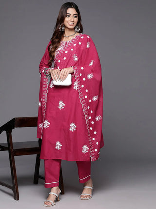 Magenta Cotton Floral Embroidered Suit Set with Dupatta