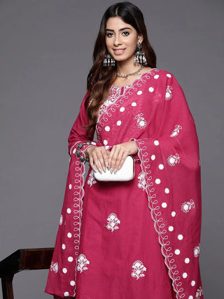 Magenta Cotton Floral Embroidered Suit Set with Dupatta