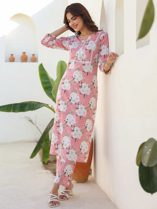 Pink Pure Cotton Floral Print Straight Shape Kurta Bottom Set