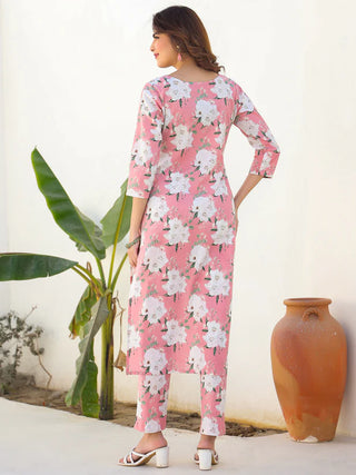 Pink Pure Cotton Floral Print Straight Shape Kurta Bottom Set