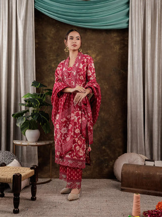 Pink Cotton Floral Print & Lace Work Suit Set with Voile Dupatta