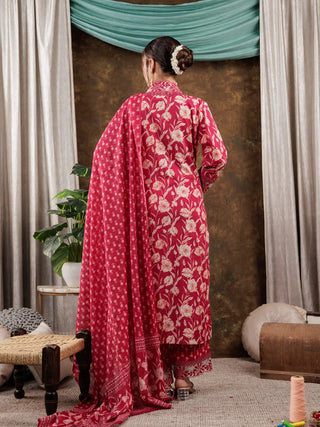 Pink Cotton Floral Print & Lace Work Suit Set with Voile Dupatta