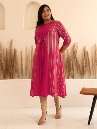 Pink Crepe Silk Foil Print A Line Kurta