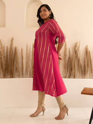 Pink Crepe Silk Foil Print A Line Kurta