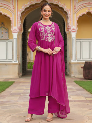 Pink Georgette Embroidered Kurta Palazzo Set with Chiffon Dupatta