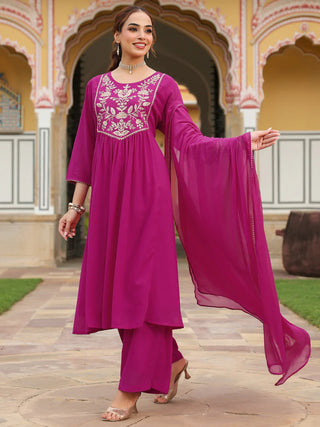 Pink Georgette Embroidered Kurta Palazzo Set with Chiffon Dupatta