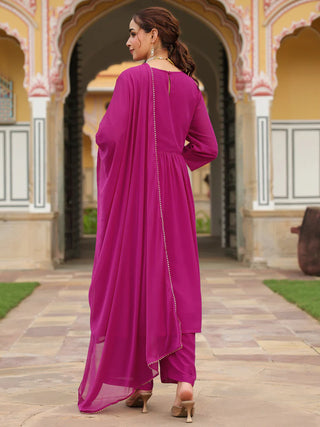 Pink Georgette Embroidered Kurta Palazzo Set with Chiffon Dupatta