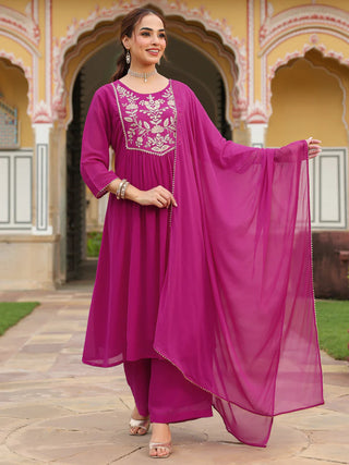 Pink Georgette Embroidered Kurta Palazzo Set with Chiffon Dupatta