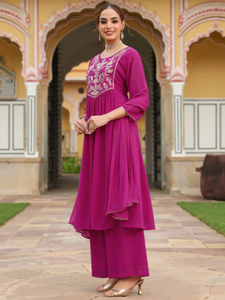 Pink Georgette Embroidered Kurta Palazzo Set with Chiffon Dupatta
