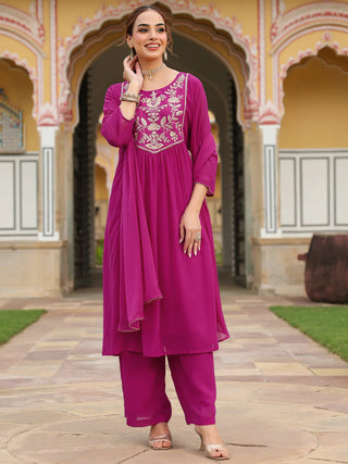Pink Georgette Embroidered Kurta Palazzo Set with Chiffon Dupatta