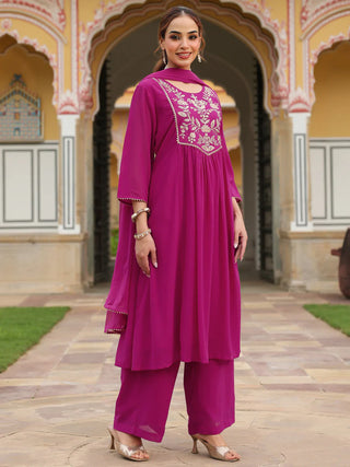 Pink Georgette Embroidered Kurta Palazzo Set with Chiffon Dupatta
