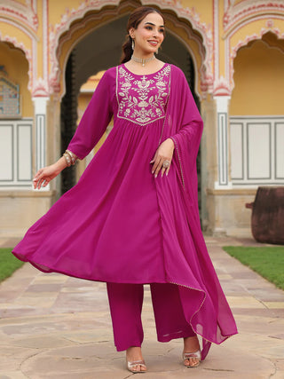 Pink Georgette Embroidered Kurta Palazzo Set with Chiffon Dupatta