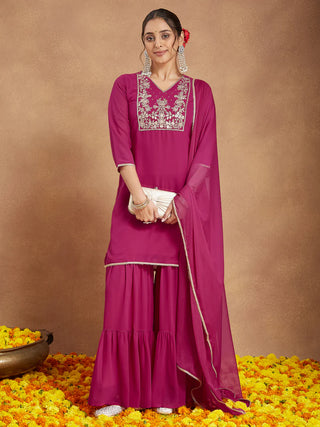 Pink Georgette Embroidered Sharara Set with Chiffon Dupatta