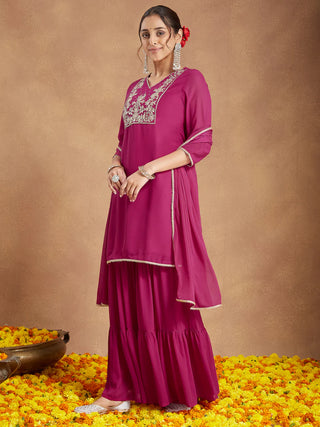 Pink Georgette Embroidered Sharara Set with Chiffon Dupatta