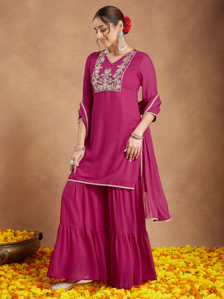 Pink Georgette Embroidered Sharara Set with Chiffon Dupatta
