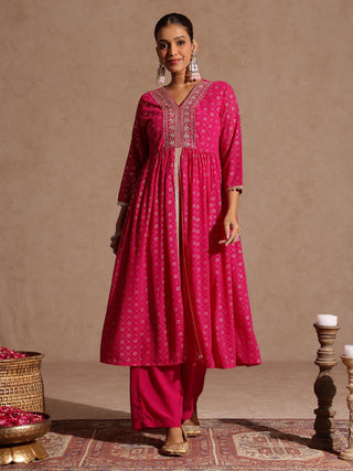 Pink Georgette Embellished Foil Print Open Tiered Kurta Bottom Set