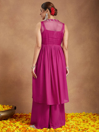 Pink Georgette Embellished Top Jacket & Bottom Set