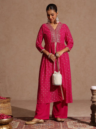Pink Georgette Embellished Foil Print Open Tiered Kurta Bottom Set